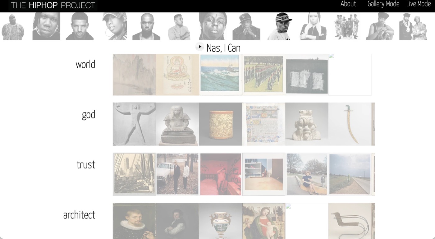 The HipHop Project web app: rapper portraits above lyric words paired with works from The Met's collection